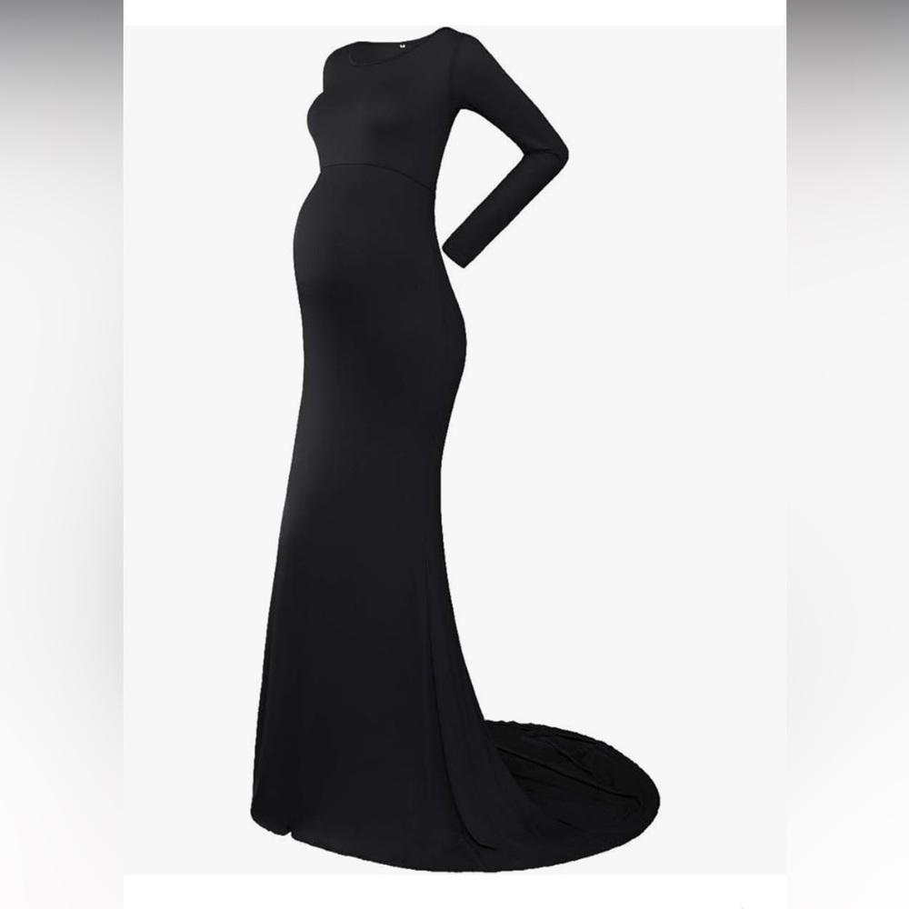 Long Sleeve Black Maternity Gown - Elegant Full-Length Dress